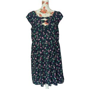 eSHAKTI Dress Sz 2X 20W Blue Floral Fit Flare Short Sleeve Bow Tie Chest Pockets